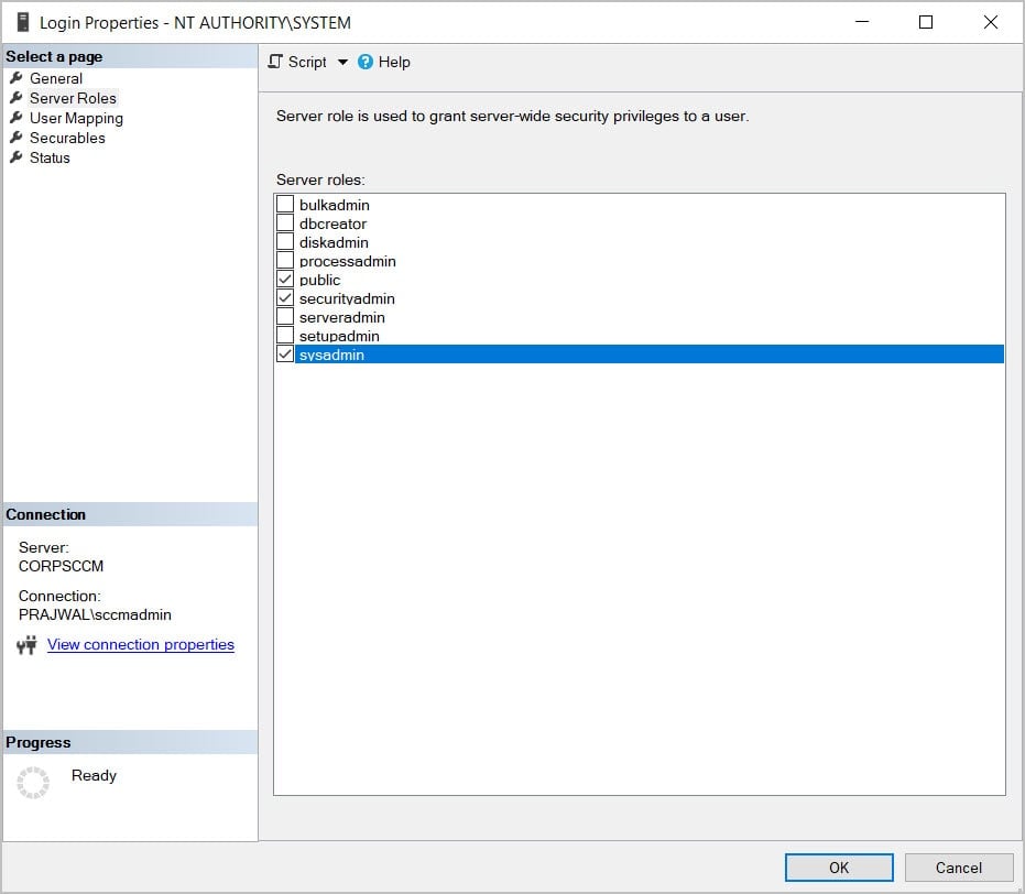 Fix ConfigMgr Database Upgrade Error 0x87d20b15 6 Check if NT AUTHORITY\SYSTEM has the the sysadmin rights on the server