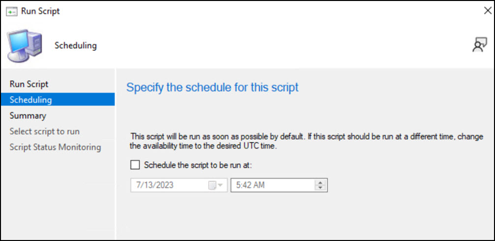 ConfigMgr Technical Preview 2307 New Features 12 Option to schedule scripts' runtime in Run Script Wizard