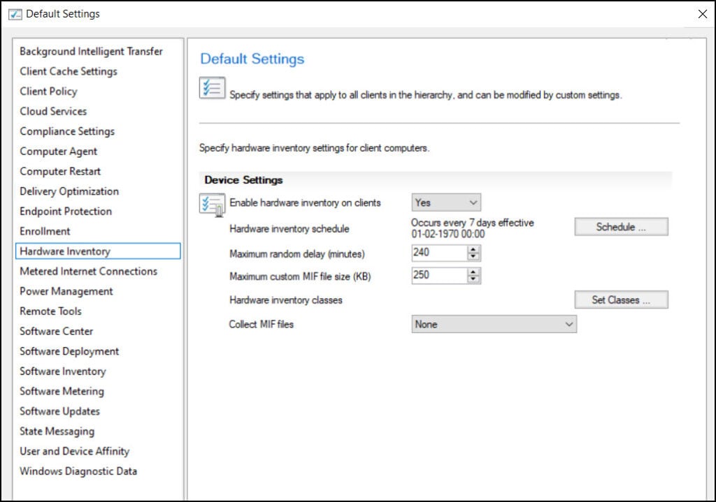 Configure Client Settings in SCCM Configuration Manager 12 Hardware Inventory Default Client Settings