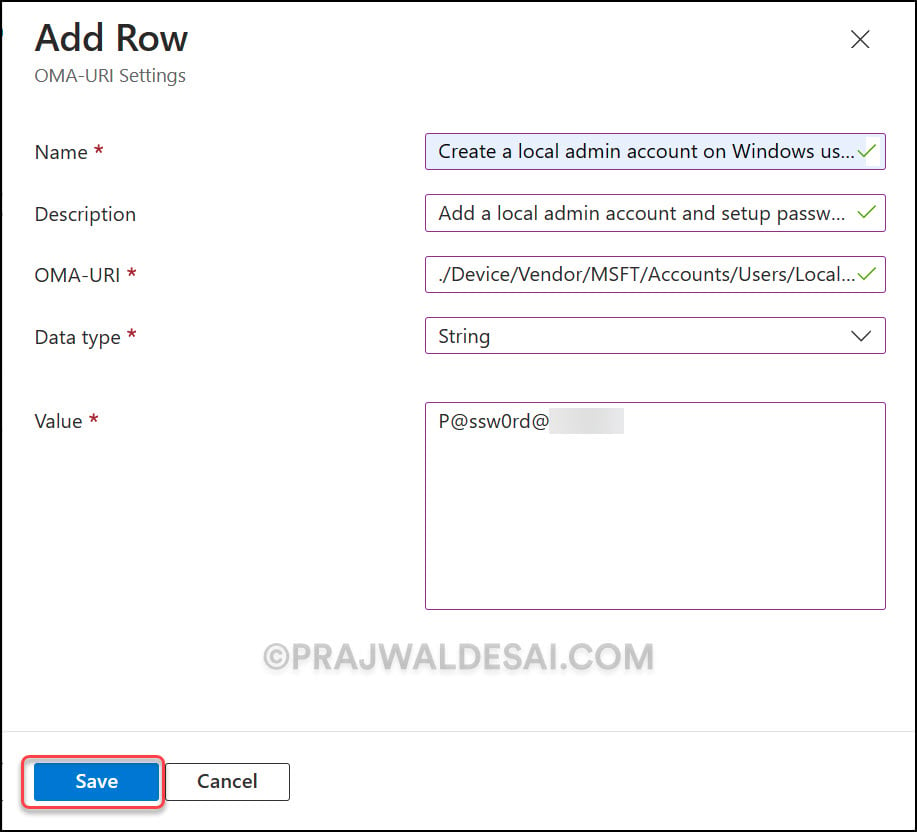 OMA-URI Settings to Create Local Admin Account and Set Password