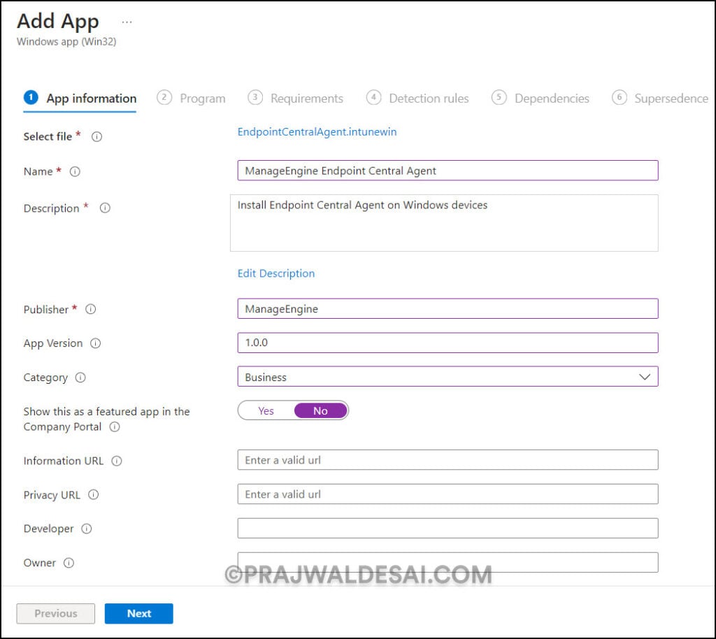 Deploy ManageEngine Endpoint Central Agent using Intune 9 Configure App Information