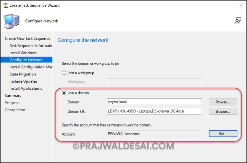 Deploy Windows 11 23H2 using ConfigMgr Task Sequence 12 Configure Network and Domain Join Settings