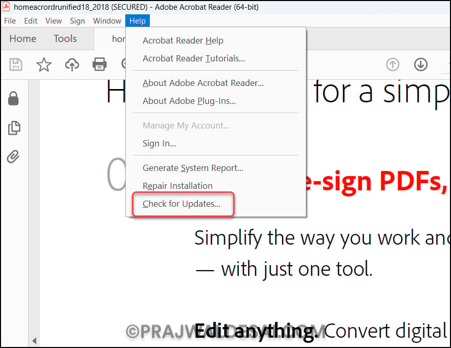 Check for Updates option in Acrobat Reader