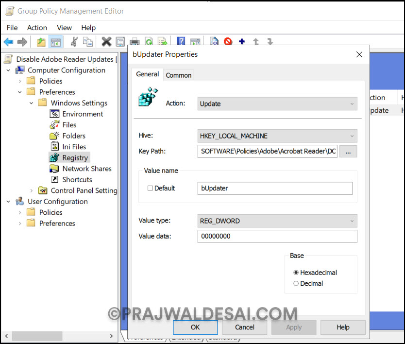 Create Registry Item to disable Acrobat Reader Updates