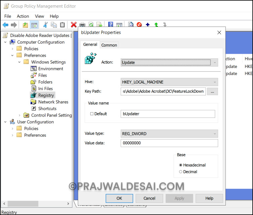 Disable Acrobat Reader Updates using GPO (Group Policy) 9 Create Registry Item to disable Adobe Reader Updates