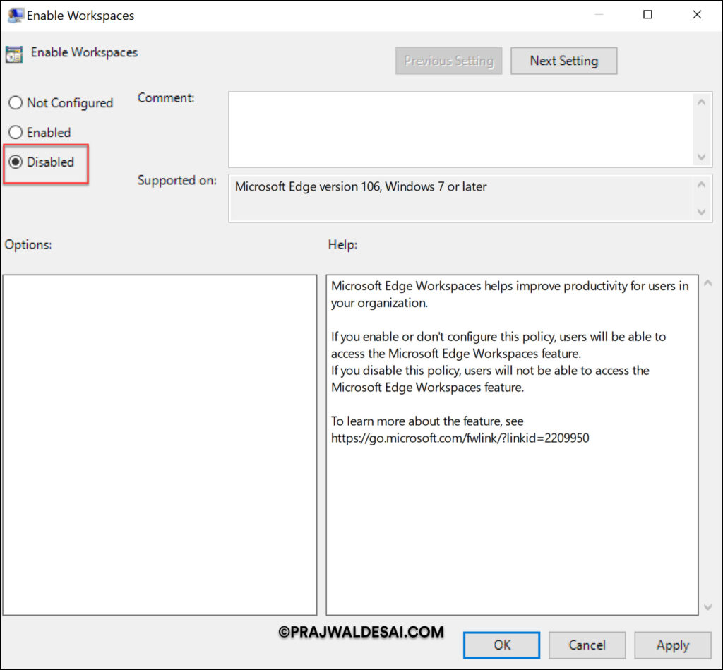 Disable Edge Workspaces using Group Policy