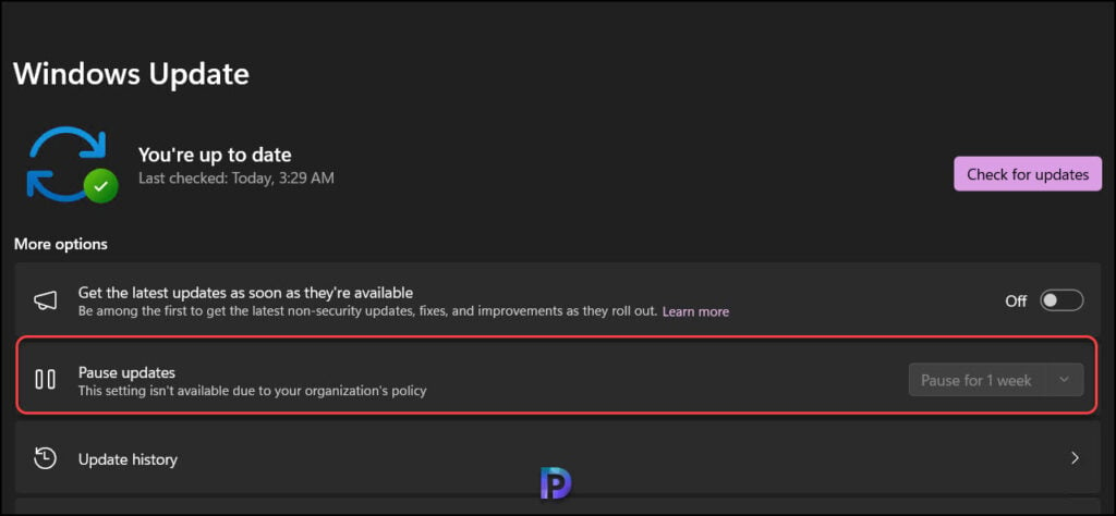 Pause Updates Feature Disabled using Intune Policy