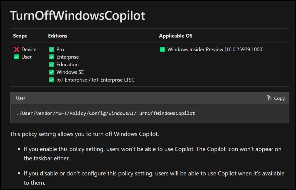 Disable Copilot on Windows 11 using Intune and GPO 1 Intune Policy CSP to turn off Copilot in Windows