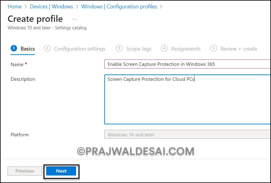 Create a configuration profile in Intune to Turn on Screen Capture Protection