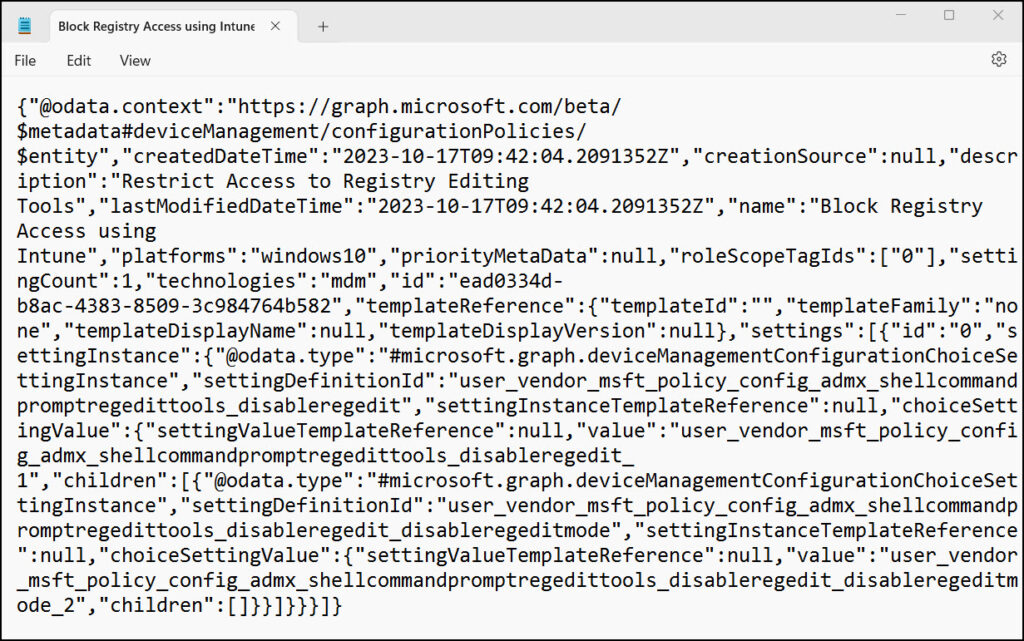 Open Settings Catalog Policy JSON