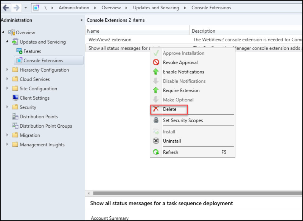 Manage SCCM Console Extensions - Approve | Install | Uninstall 16 Delete SCCM Console Extensions
