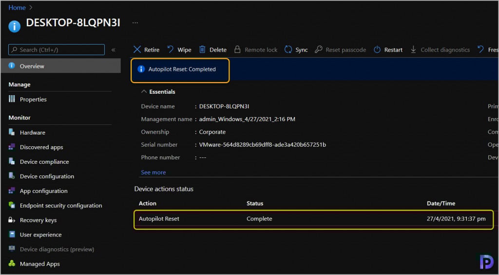 How to Perform Windows Autopilot Reset from Intune Portal 4 Windows Autopilot Reset Successful