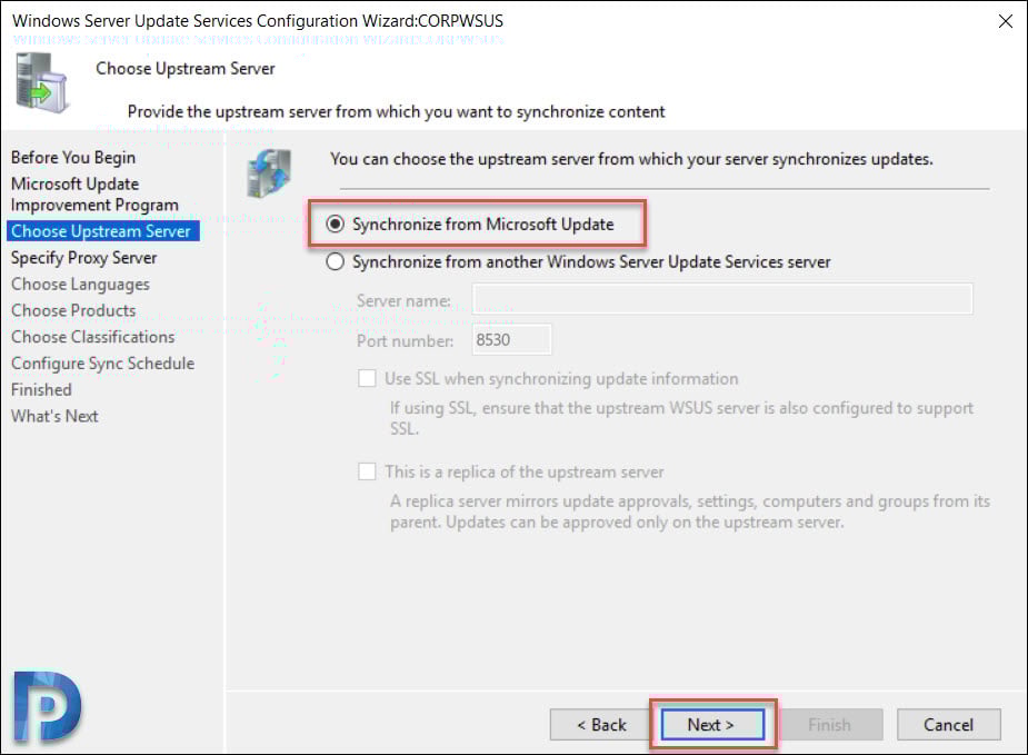 Install and Configure WSUS on Windows Server 2019 16 Choose Upstream Server