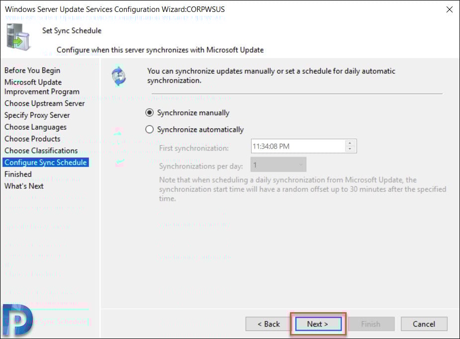 Install and Configure WSUS on Windows Server 2019 23 Configure Windows Server Update Services Synchronization Schedule