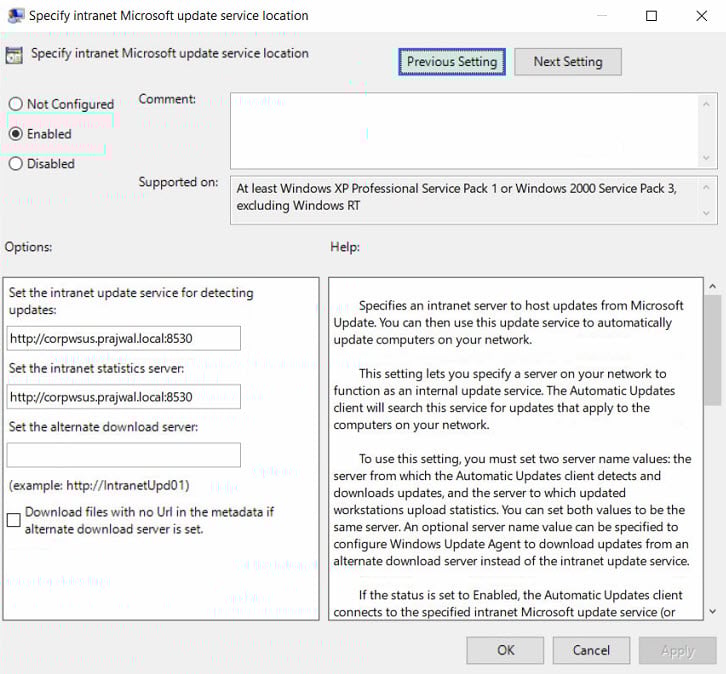 Install and Configure WSUS on Windows Server 2019 28 Specify intranet Microsoft Update service location