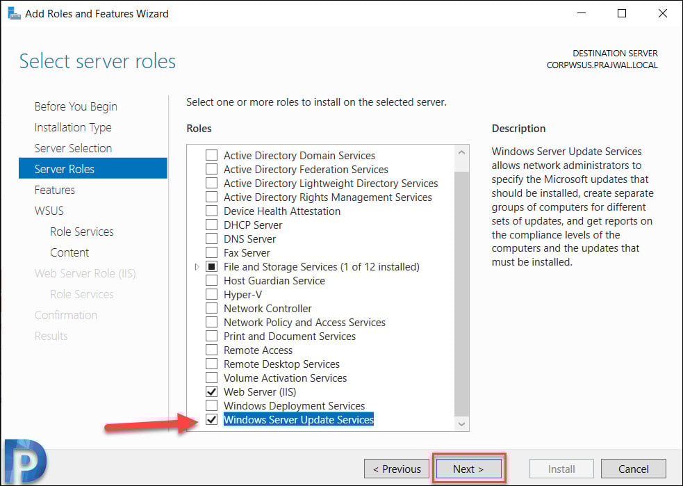 Install and Configure WSUS on Windows Server 2019 4 Select Windows Server Update Services role