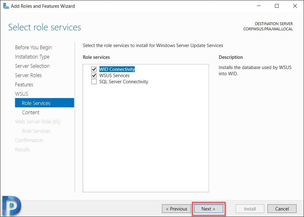 Install and Configure WSUS on Windows Server 2019 7 Select WID Connectivity and WSUS Services