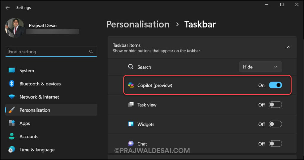 Turn off Copilot in Windows 11 using Settings