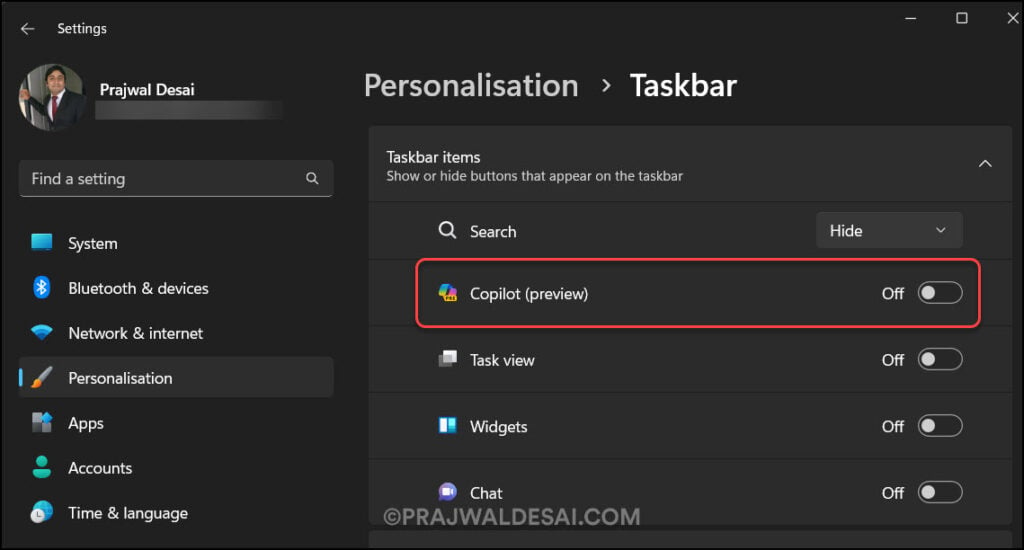 Turn off Copilot in Windows 11 using Settings