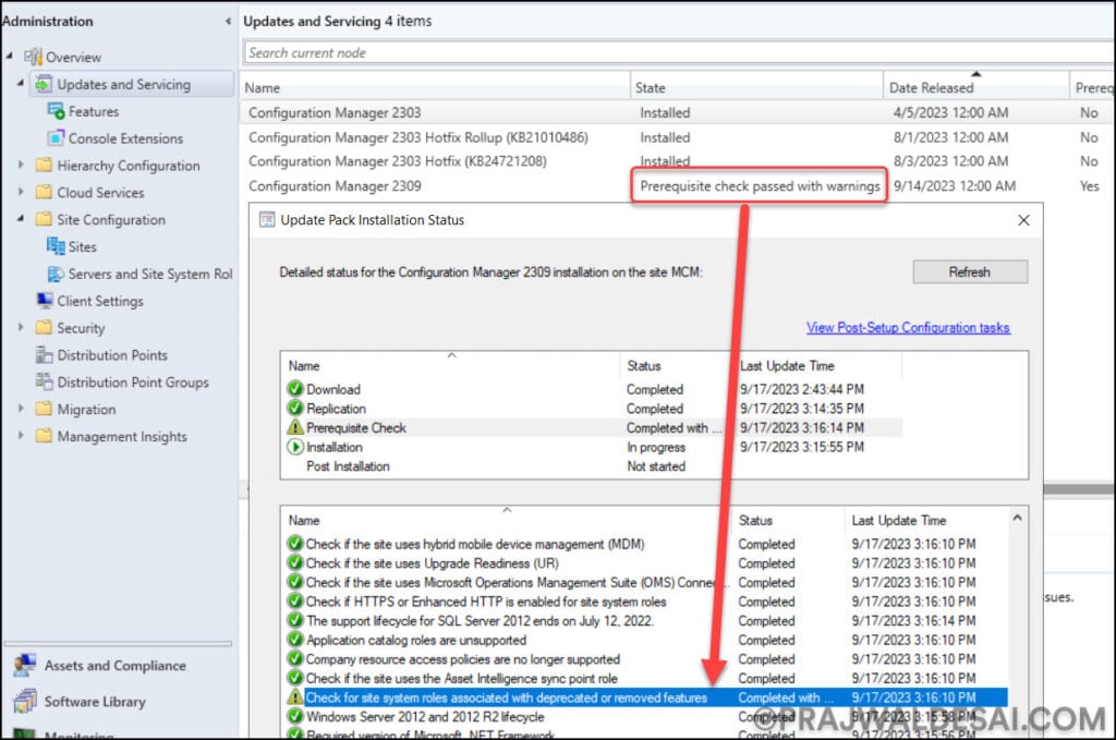 Complete SCCM 2309 Upgrade Guide 13 SCCM 2309 Prerequisite Check Warnings and Errors