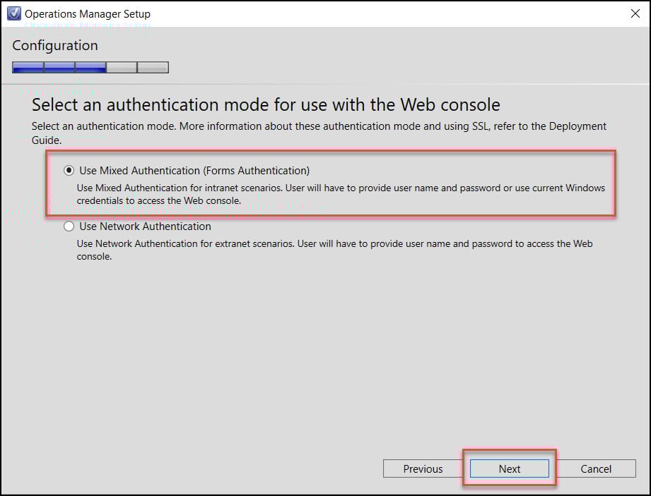 New SCOM 2022 Install Guide | Operations Manager 2022 42 Specify Authentication Mode for Web Console