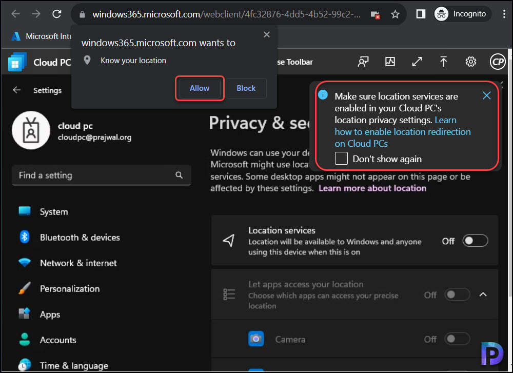 Turn on Location Redirection for Windows 365 Cloud PC 4 Enable Location Services on Cloud PC
