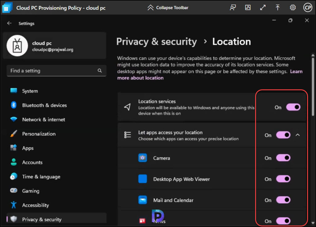 Enable Location Services on Cloud PC