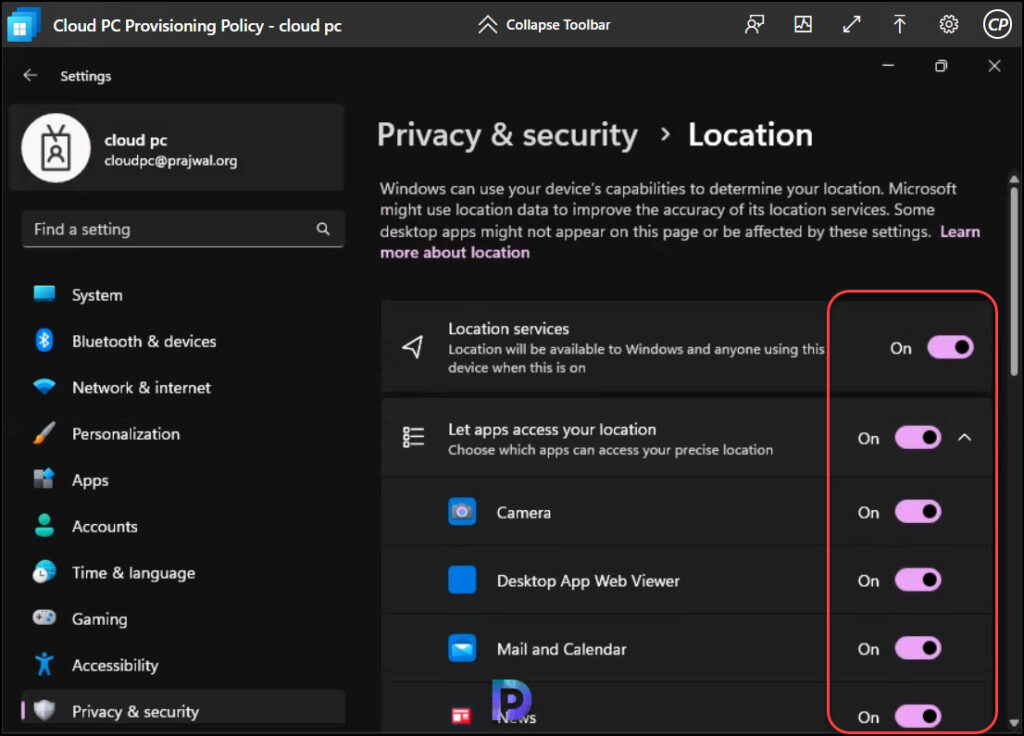 Turn on Location Redirection for Windows 365 Cloud PC 5 Enable Location Services on Cloud PC