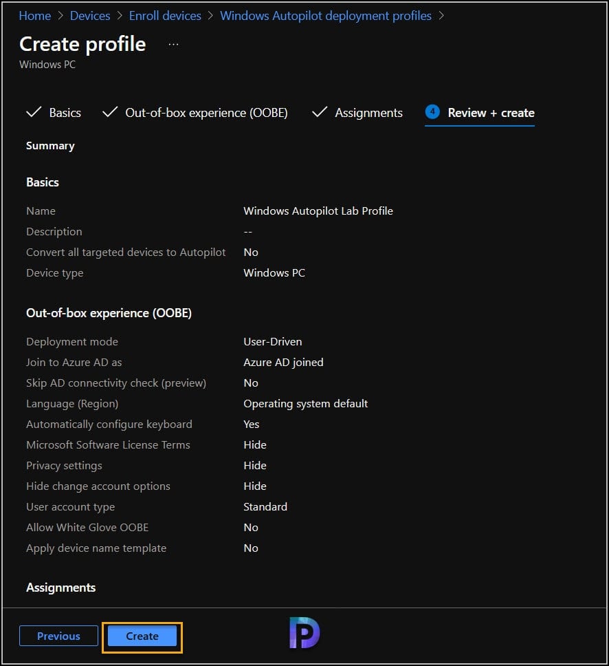 Create the Windows Autopilot Deployment Profile