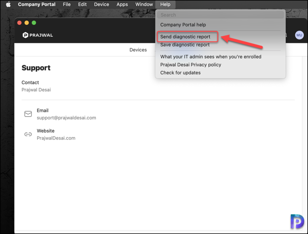 Send Diagnostic Report to Microsoft from Company Portal on macOS device
