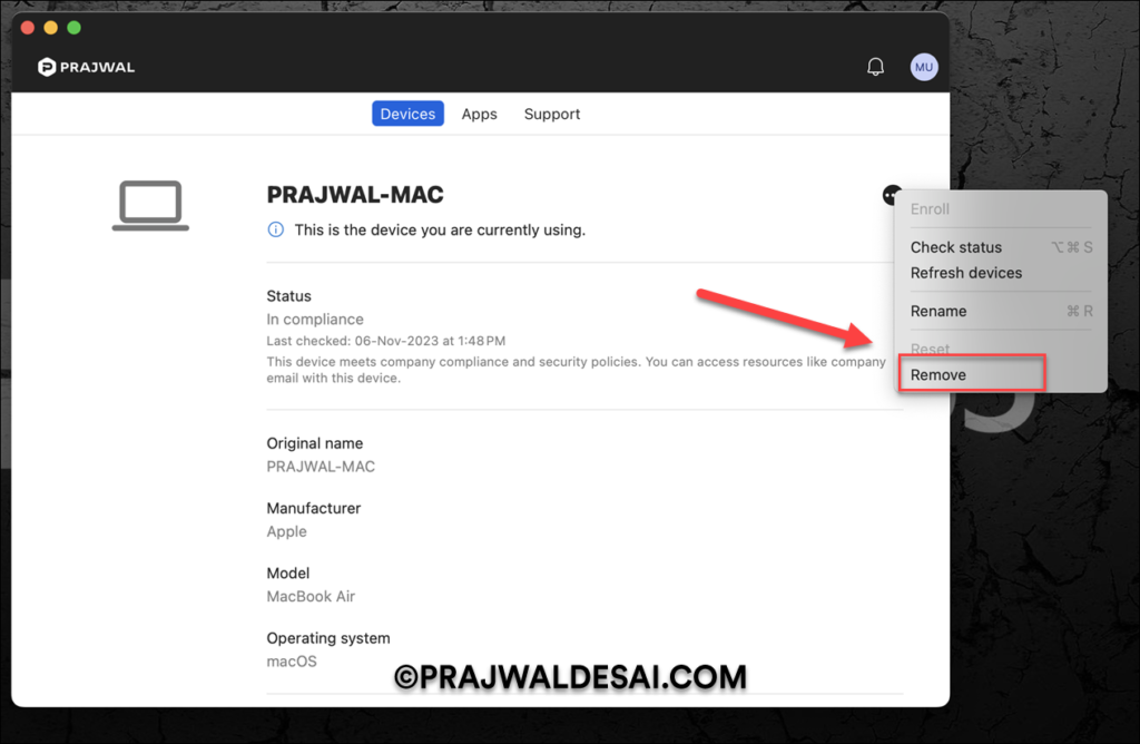 Remove device from Company Portal for MacOS