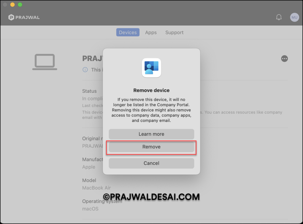 Remove device from Company Portal for MacOS