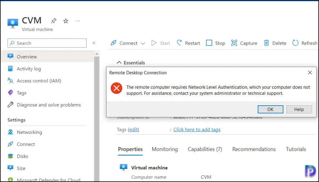 Azure VM: Remote Computer Requires Network Level Authentication