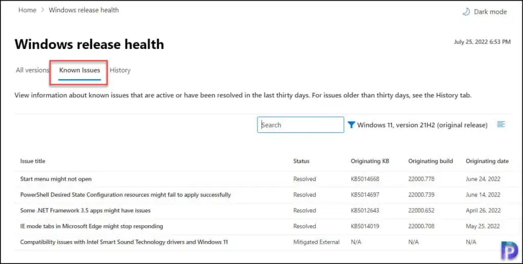 Check Windows Release Health in Microsoft 365 Admin Center 3 Windows Release Health - Known Issues