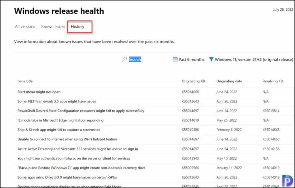 Check Windows Release Health in Microsoft 365 Admin Center 4 Windows Release Health History