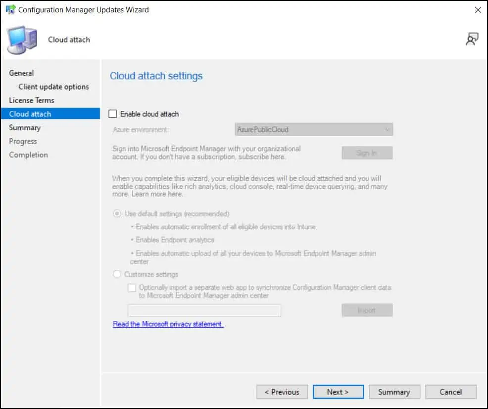 New Configuration Manager 2111 Hotfix KB12896009 5 Cloud Attach Settings