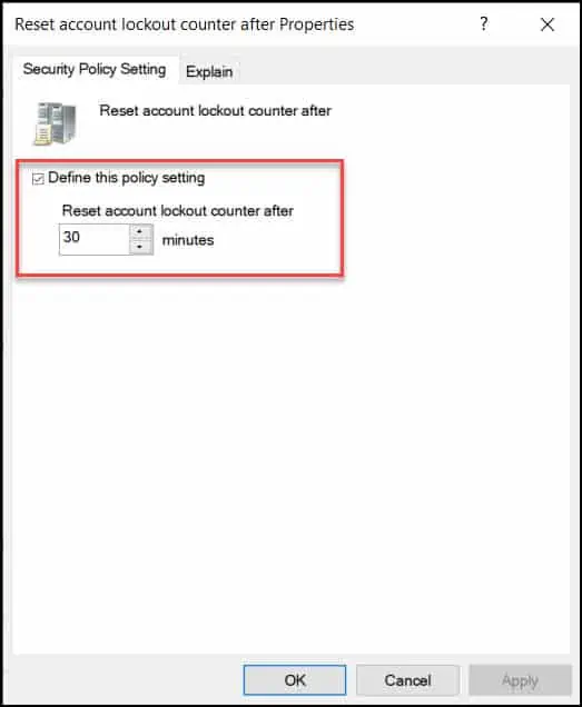 Configure Reset Account Lockout Counter After