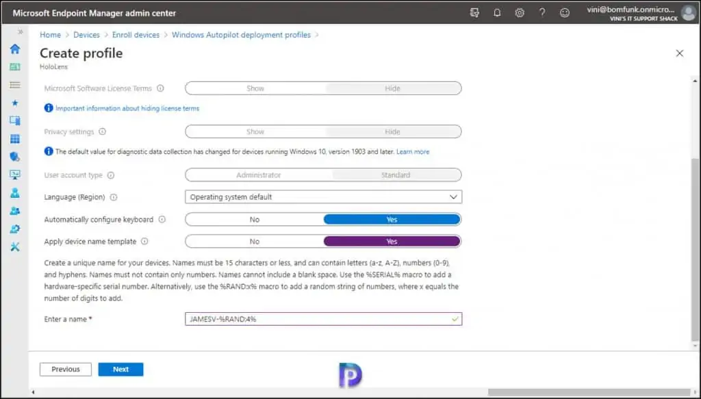 Create Autopilot Profile for HoloLens 2 Devices 14 Define HoloLens Profile