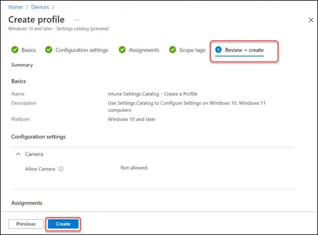 Create Intune Settings Catalog Policy 12 Review+Create | Intune Configuration Profile