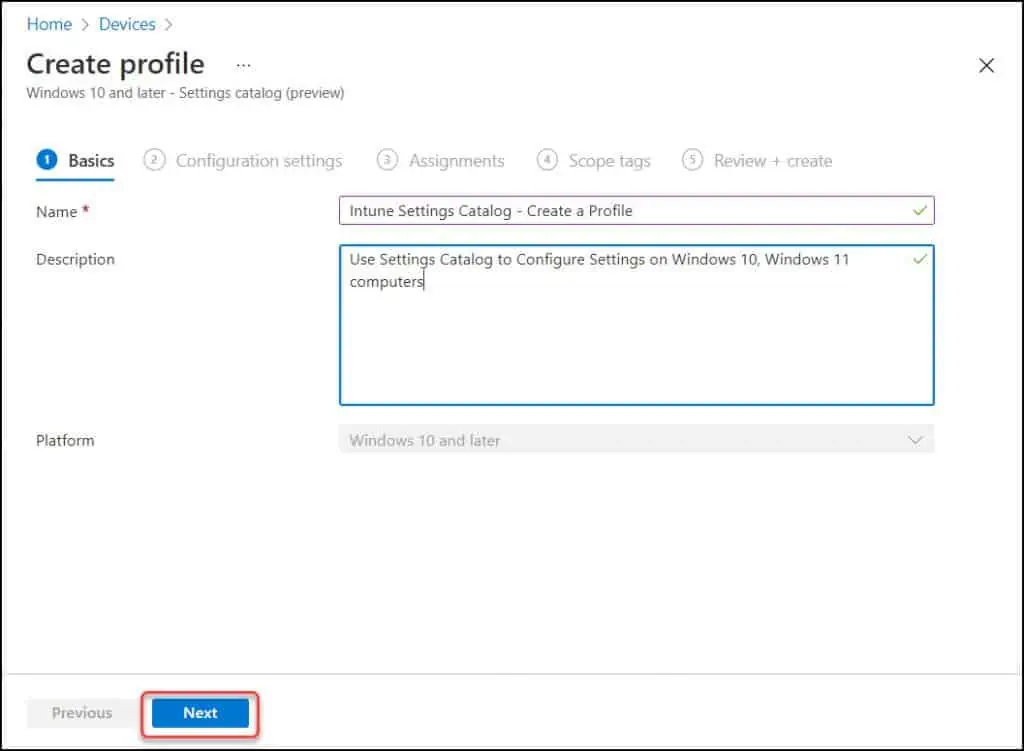 Create Intune Settings Catalog Policy 5 Create a Profile - Specify Basic Information