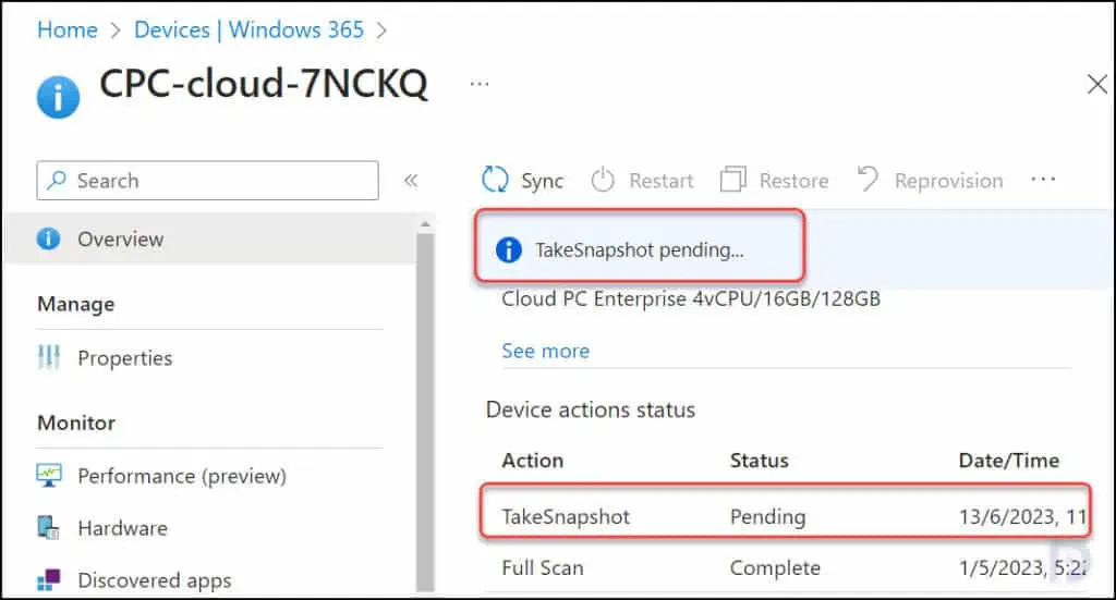 Create Manual Restore Points for Cloud PCs in Windows 365