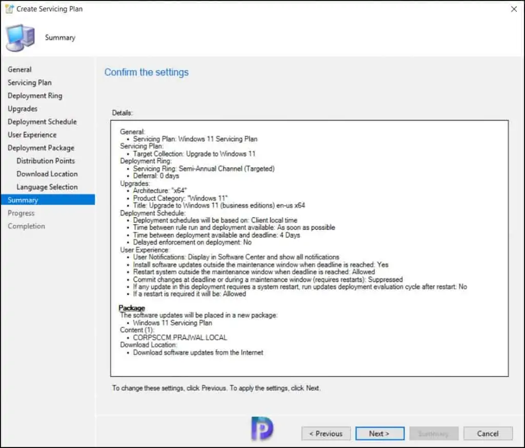 Create SCCM Windows 11 Servicing Plan for In-Place Upgrade 15 Confirm the WIndows 11 Servicing Plan Settings