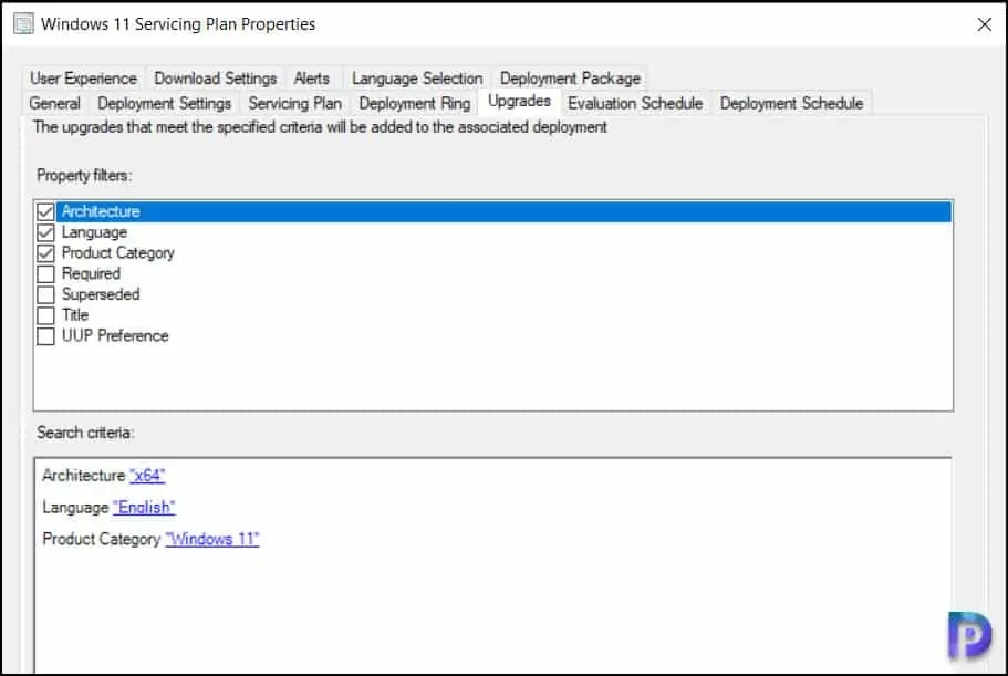 Create SCCM Windows 11 Servicing Plan for In-Place Upgrade 8 Select Property Filters and Search Criteria for Windows 11 Update