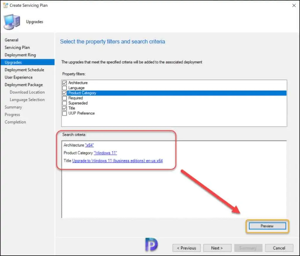Create SCCM Windows 11 Servicing Plan for In-Place Upgrade 6 Select Property Filters and Search Criteria