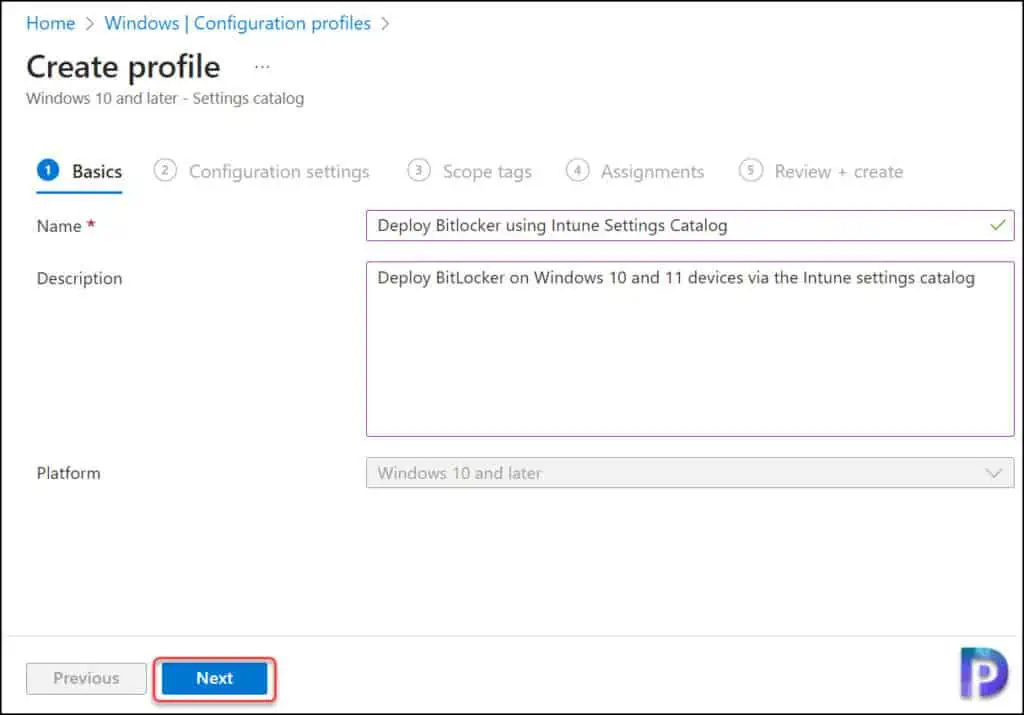 How to Deploy Bitlocker using Intune Settings Catalog 📑 2 Create Configuration Profile in Intune for Bitlocker Deployment