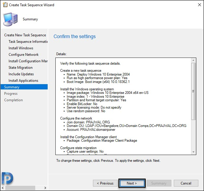 Deploy Windows 10 2004 using SCCM | Configuration Manager 17 Create Task Sequence wizard Summary
