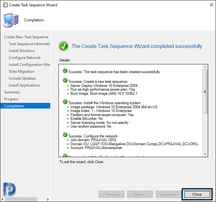 Deploy Windows 10 2004 using SCCM | Configuration Manager 18 Create Task Sequence wizard completion