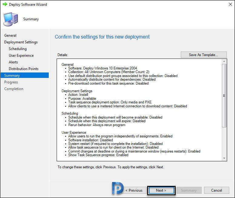 Deploy Windows 10 2004 using SCCM | Configuration Manager 34 Deploy software wizard summary page