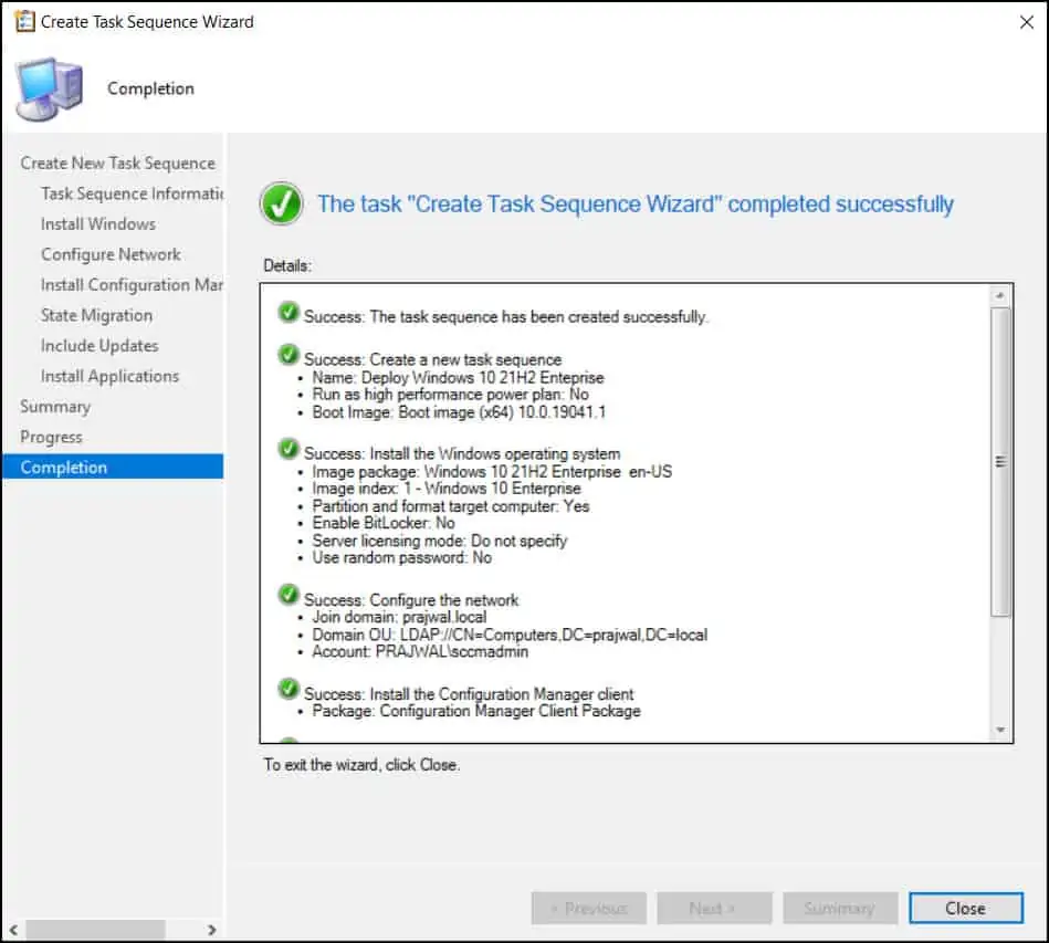 Close Create Task Sequence Wizard