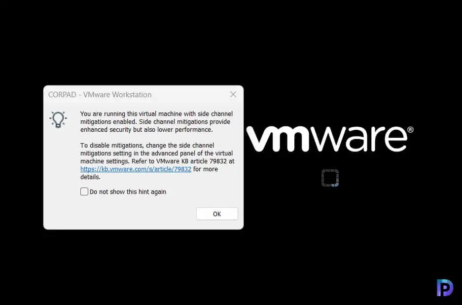 How to Disable Side Channel Mitigations for VMware VM 1 You are running this virtual machine with side channel mitigations enabled. Side channel mitigations provide enhanced security but also lower performance.